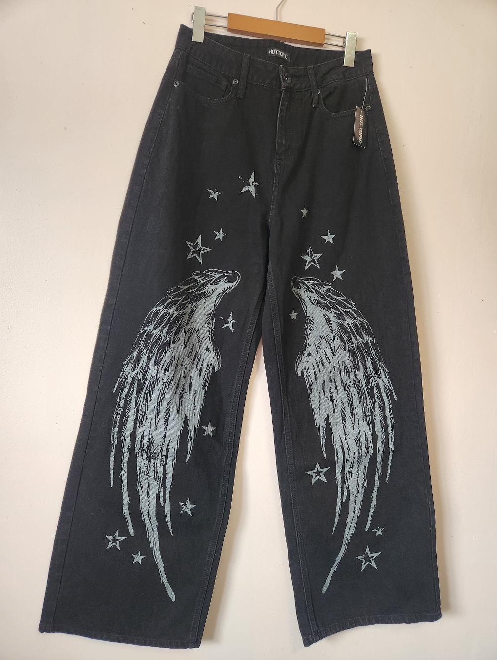 NWT Hot Topic Black Wing Star Print Wide Leg Jeans Y2K Mall Goth Baggy Size 7/28